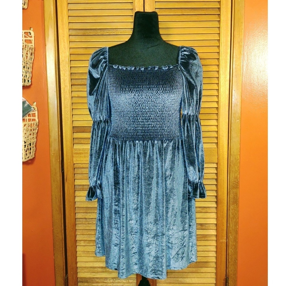 Velvet Milkmaid Smocked Square Neck Peasant Puff Sleeve Mini‎ Dress - Blue XL - Picture 7 of 11